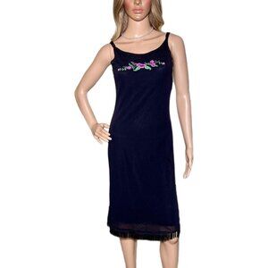 Vintage 90’s Guess Black w/ Floral Embroidery Mesh Lined Stretchy Slip Dress